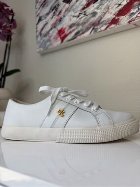 Lauren Ralph Lauren White Leather Sneakers | Gold Logo | Women’s Size 5.5